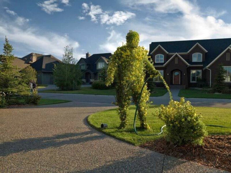person-shaped topiary in front yard