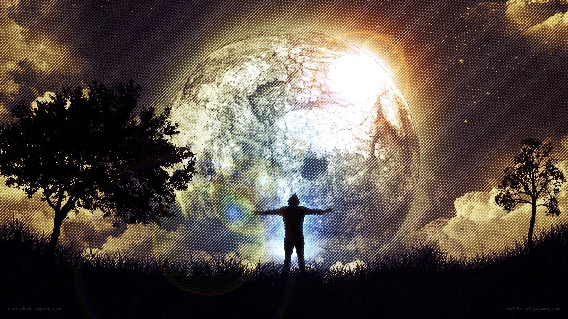 Person silhouetted against giant moon