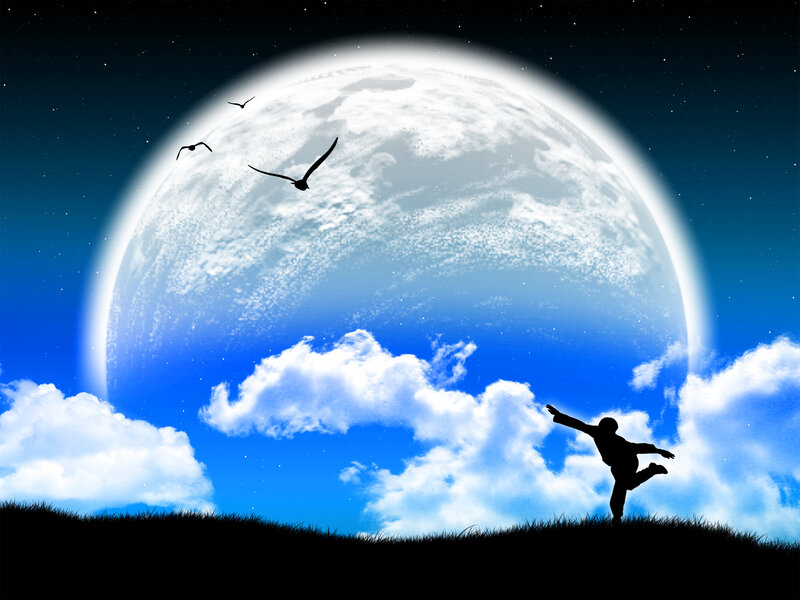 Person silhouetted against large moon