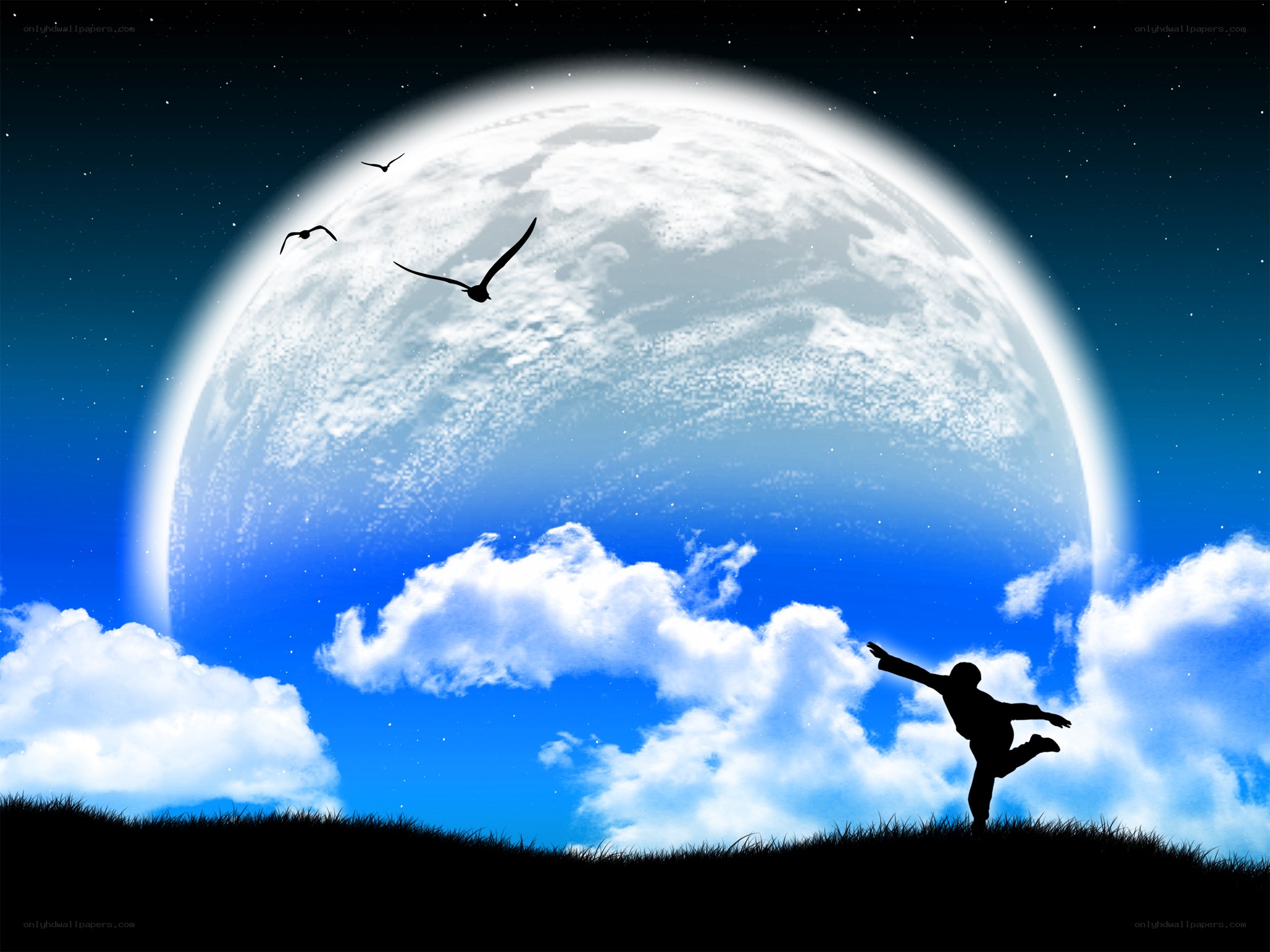 Person silhouetted against large moon