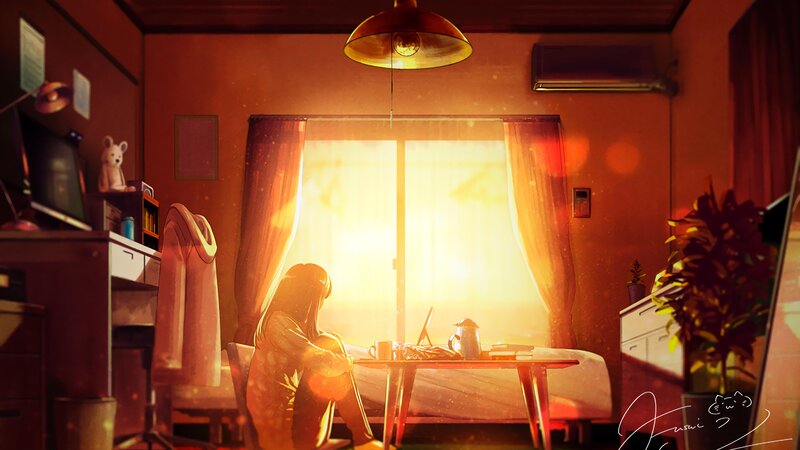 Person Sitting at Table — Orange