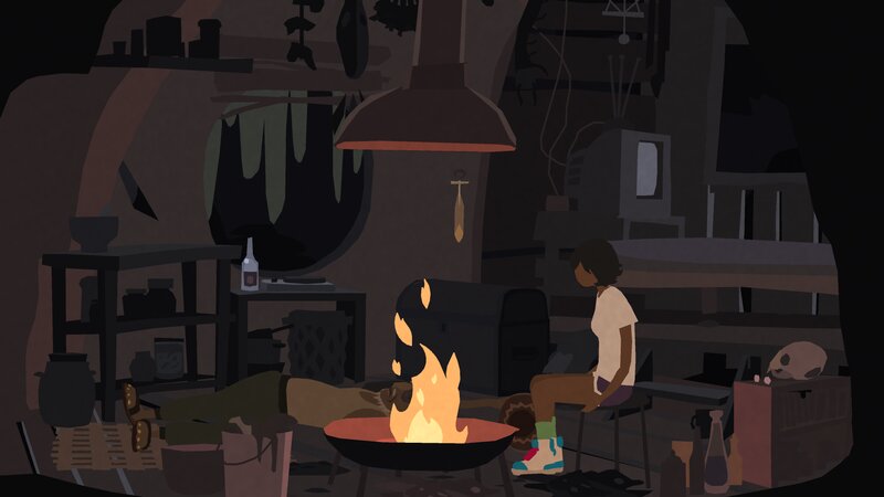 Person Sitting by Fire — Brown