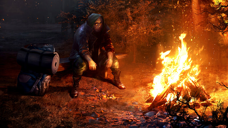Person Sitting by Fire — Orange, Dramatic