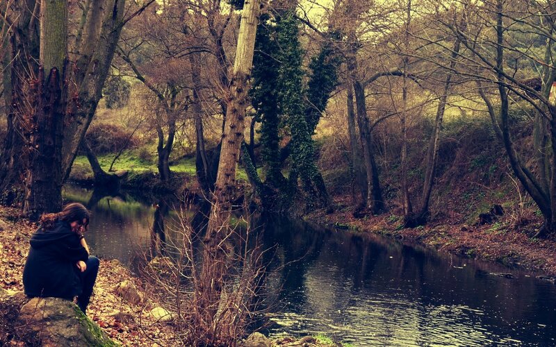Person Sitting by River — Brown, Somber