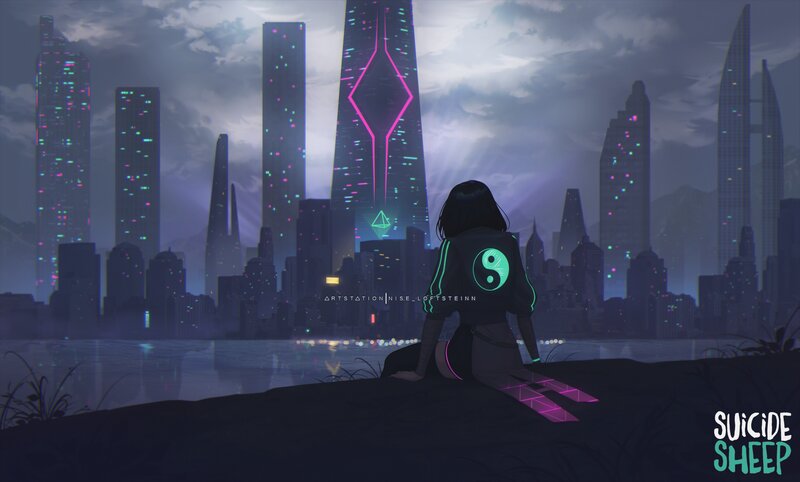 Person Sitting by Water — Purple