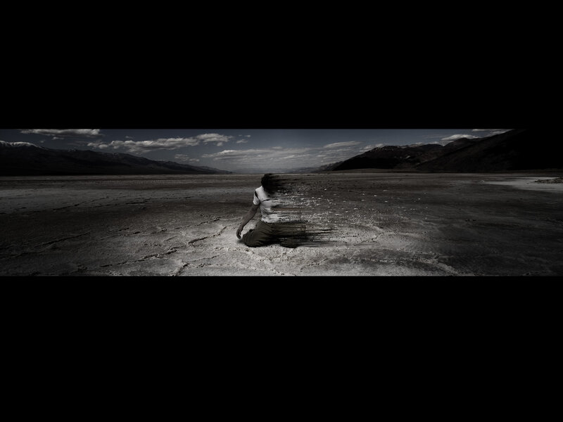Person Sitting in Desert — Black, Dramatic, Afternoon, Photograph, Mountains, Sky
