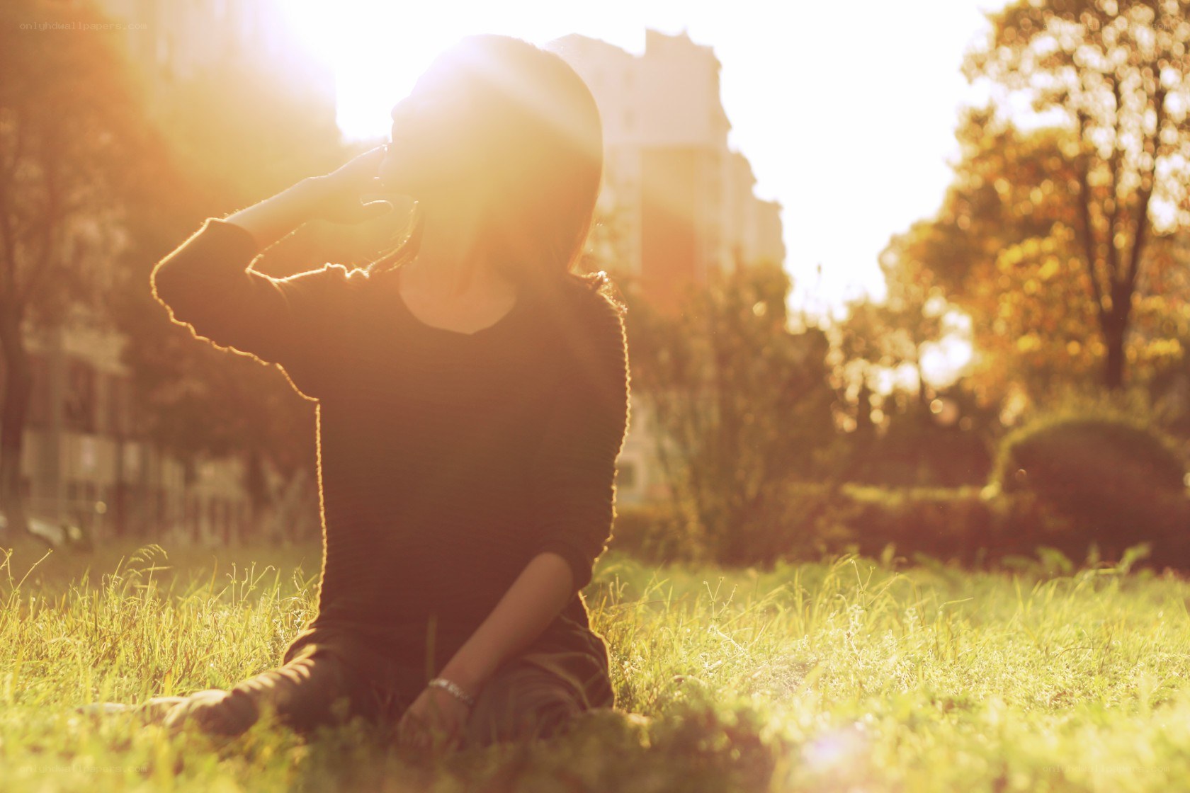 person sitting in grass at sunset