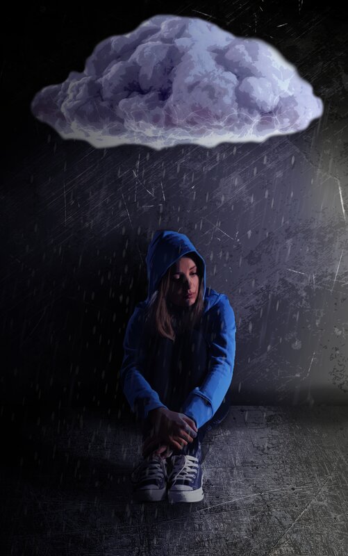 Person Sitting in Rain — Blue