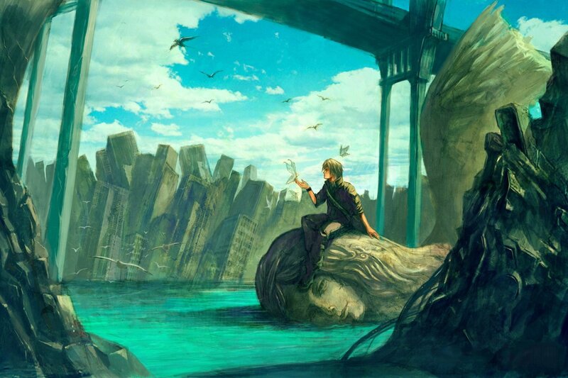 person sitting on a head in ruins