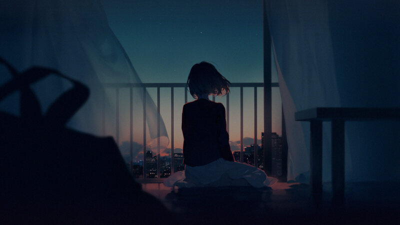 Person Sitting on Balcony — Blue