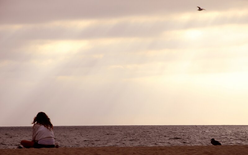 person sitting on beach at sunset