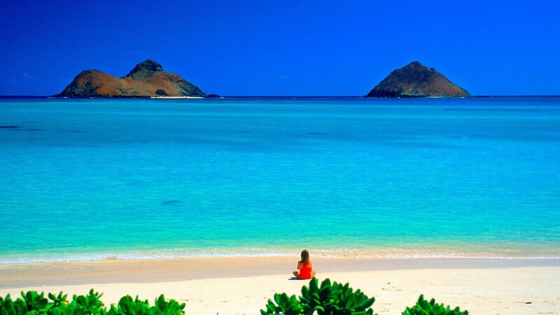 Person Sitting on Beach — Blue, Serene, Afternoon, Photograph, Islands
