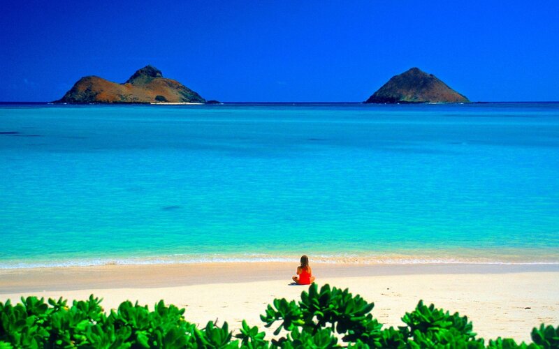 Person Sitting on Beach — Blue, Serene, Afternoon, Photograph