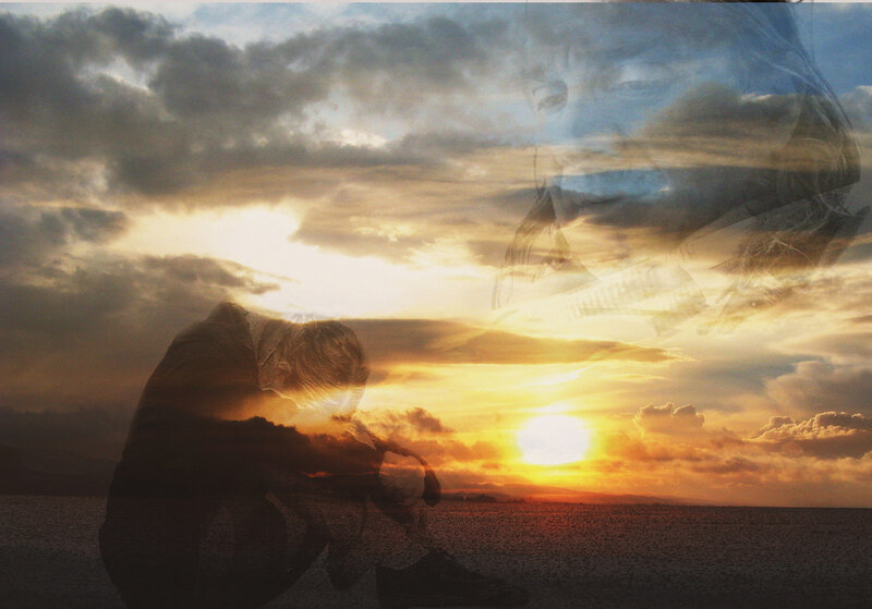 Person Sitting on Beach — Orange, Dramatic