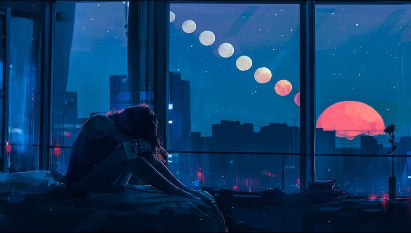 Person Sitting on Bed — Blue, Melancholic