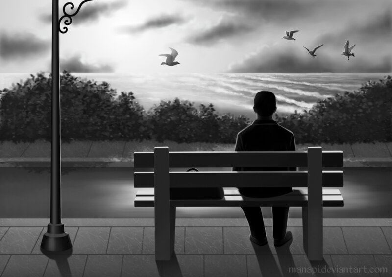 Person Sitting on Bench — Black, Melancholic, Sunset