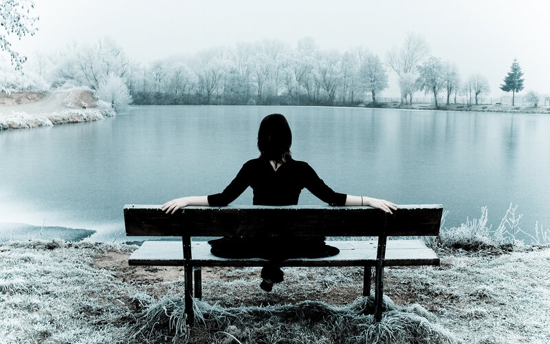 Person Sitting on Bench — Blue, Cold, Winter, Photograph, Lake, Frost