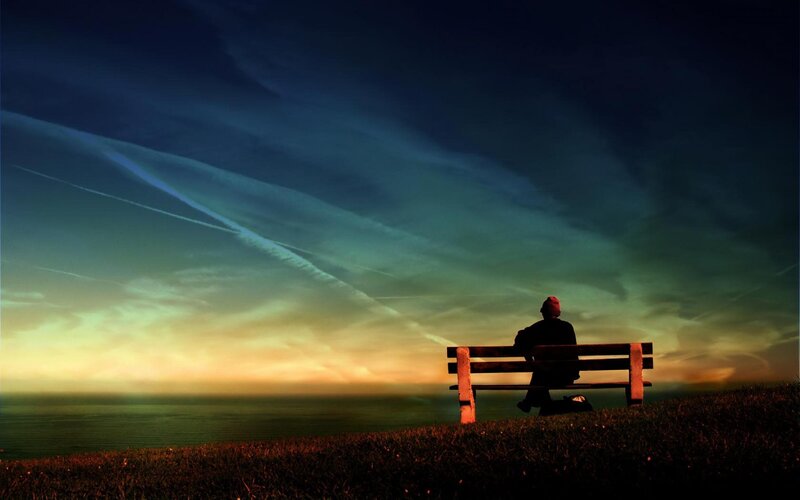 Person Sitting on Bench — Blue, Dramatic