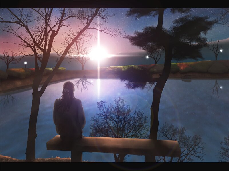 Person Sitting on Bench — Blue, Serene, Night, Digital Art