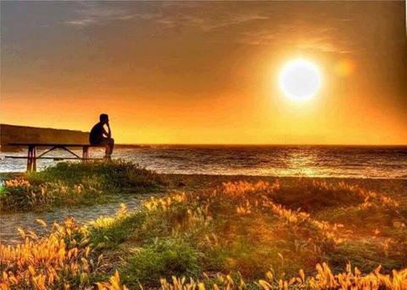 Person Sitting on Bench — Orange, Serene, Sunset