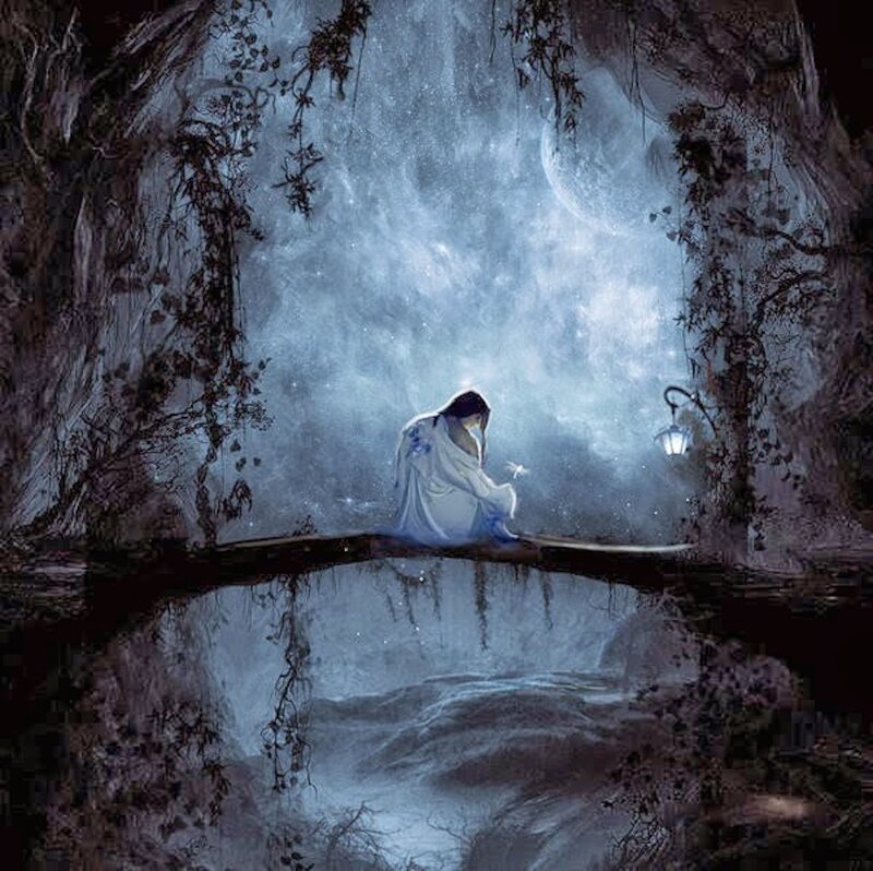 Person Sitting on Bridge — Blue