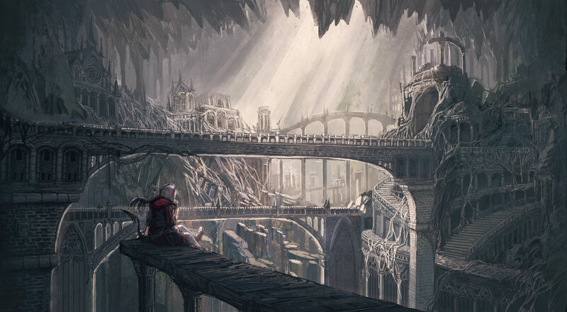 Person Sitting on Bridge — Gray