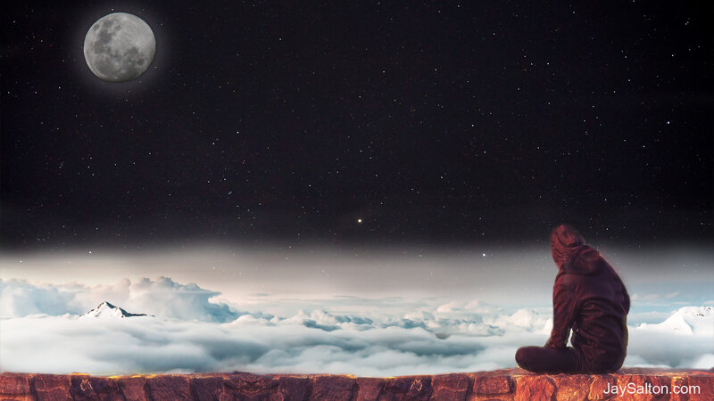 Person Sitting on Cliff — Black, Serene, Night