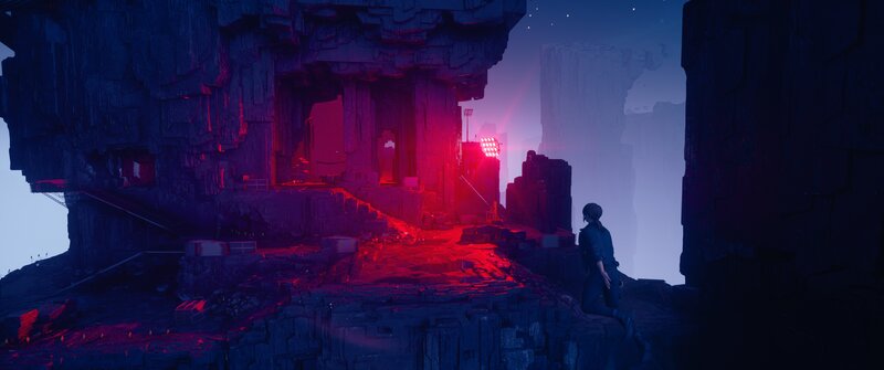 Person Sitting on Cliff — Blue, Dramatic, Night