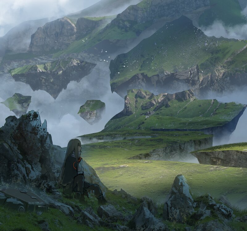 Person Sitting on Cliff — Green, Serene