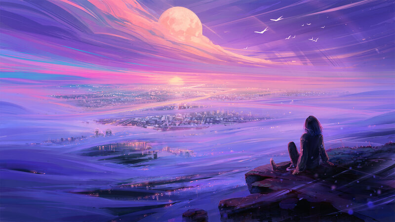 Person Sitting on Cliff — Purple, Serene