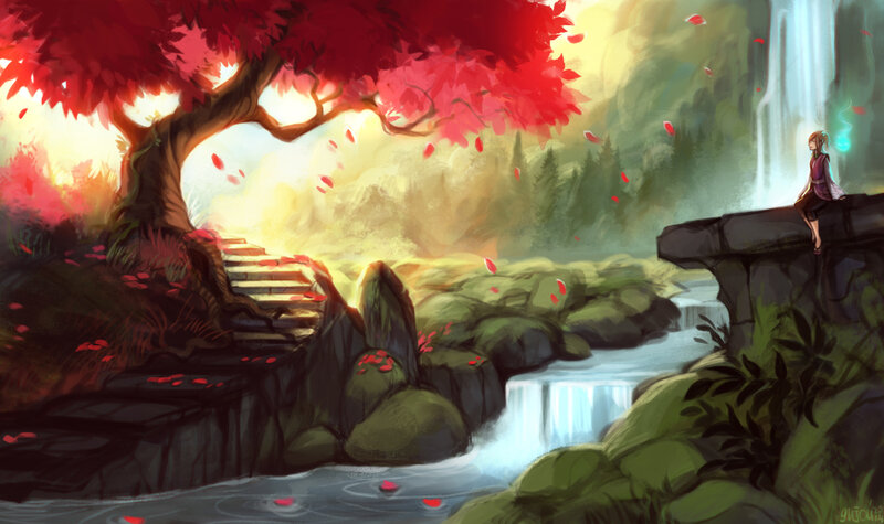 Person Sitting on Cliff — Red, Serene