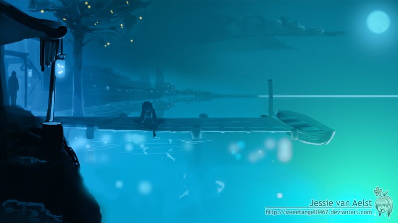 Person Sitting on Dock — Blue, Serene, Night