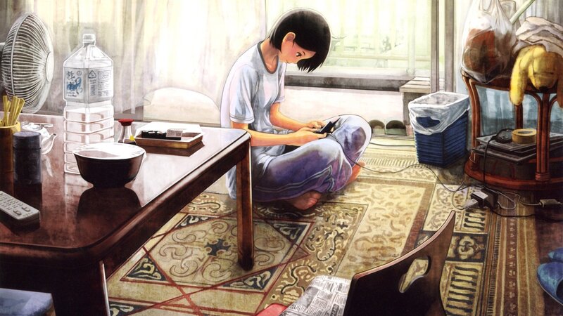Person Sitting on Floor — Brown, Calm, Morning, Manga, Table, Fan