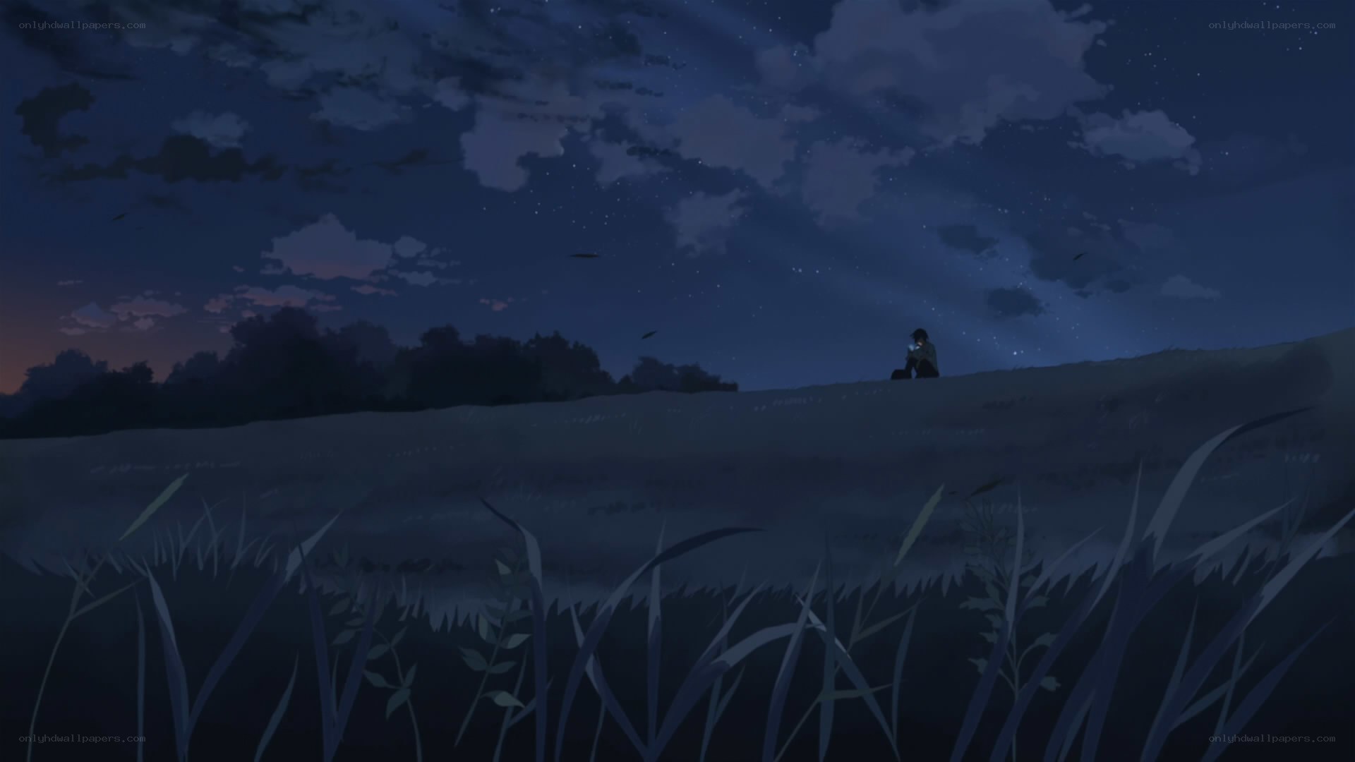 person sitting on hill at night