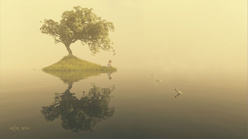 Person Sitting on Island — Yellow, Serene
