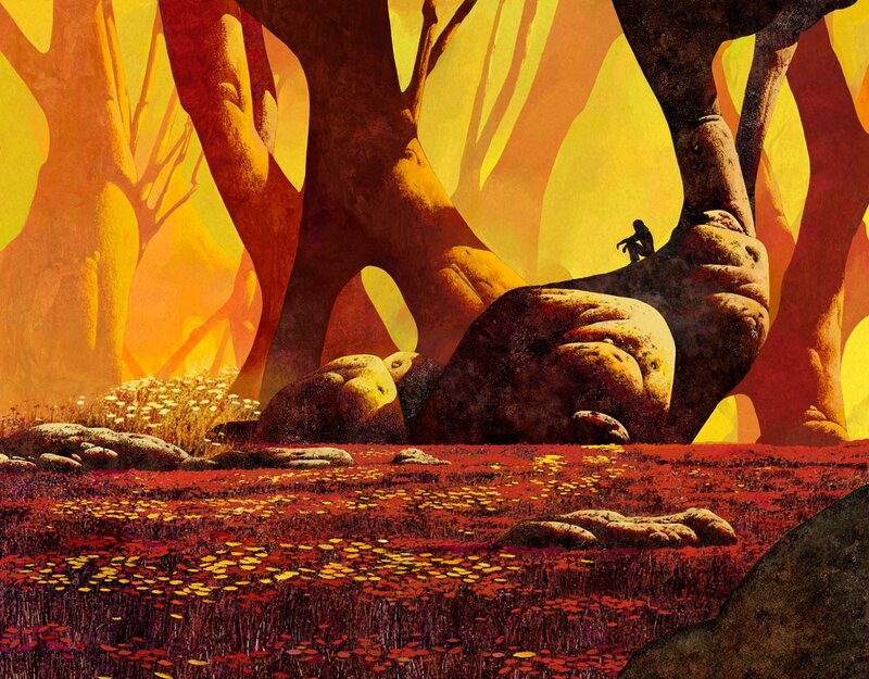 Person Sitting on Rock — Yellow, Dramatic