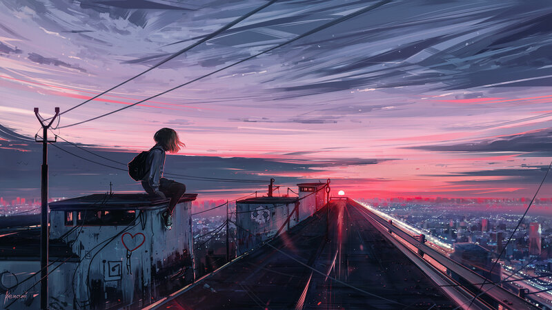 Person Sitting on Rooftop — Pink