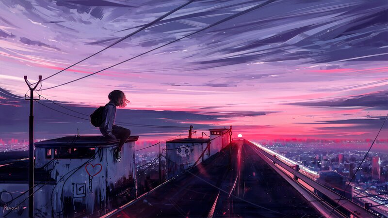 Person Sitting on Rooftop — Purple