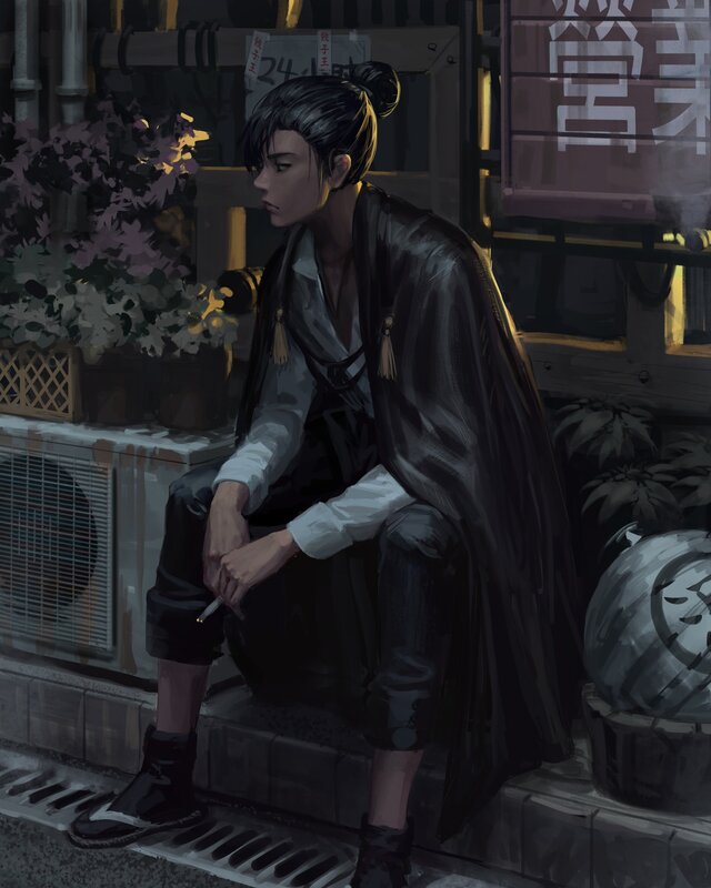 Person Sitting on Steps — Black, Melancholic