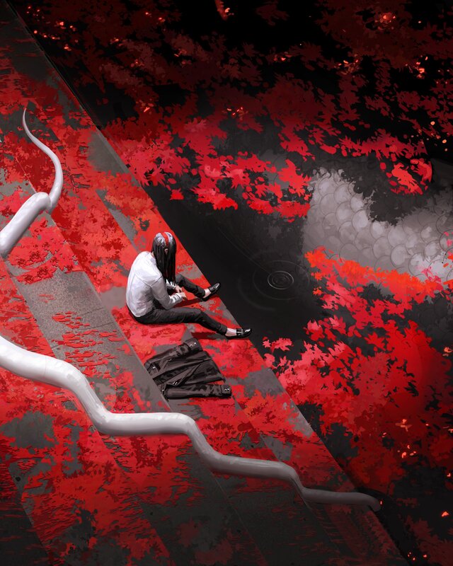 Person Sitting on Steps — Red, Dramatic, Autumn