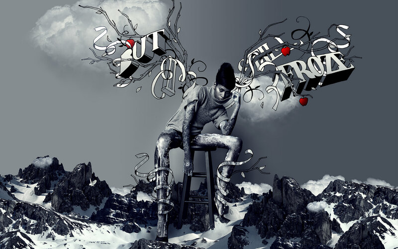 person sitting on stool in snowy landscape