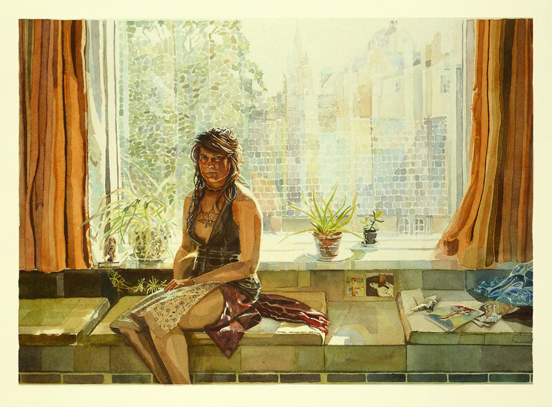 Person Sitting on Windowsill — Brown