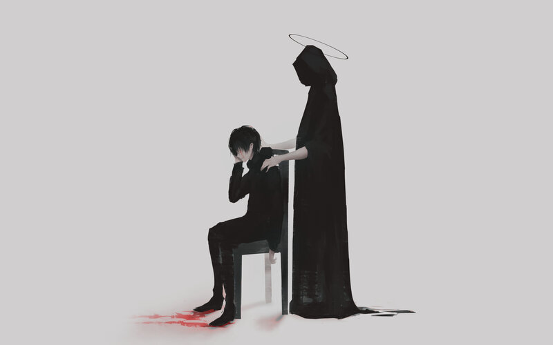 Person Sitting with Angel Figure