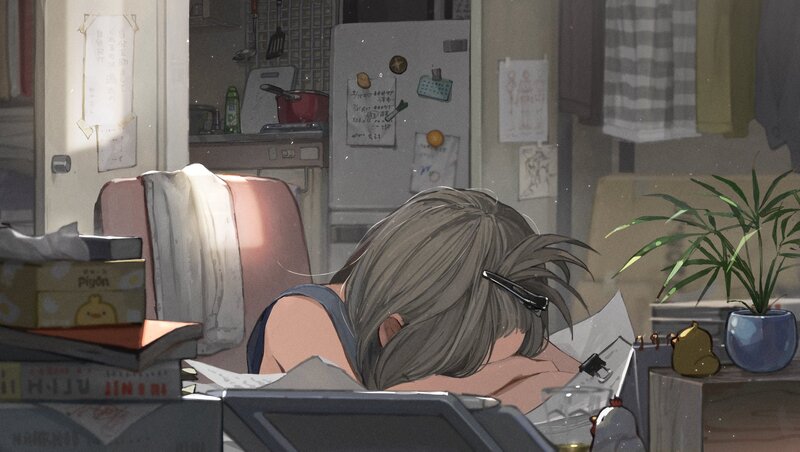 Person Sleeping at Desk — Gray