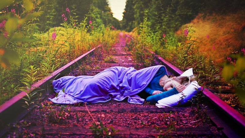 Person Sleeping on Train Tracks — Purple, Serene