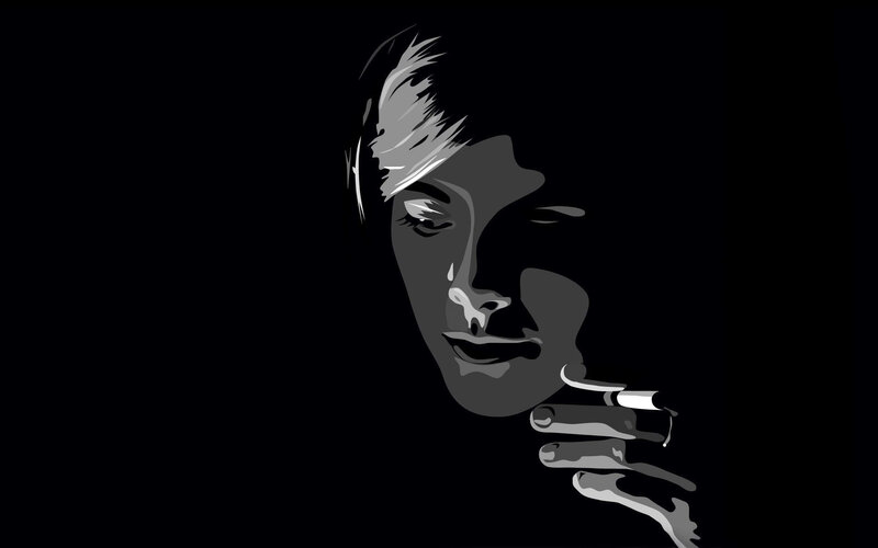 Person Smoking Cigarette — Black, Dramatic, Night, Vector Art, Hand