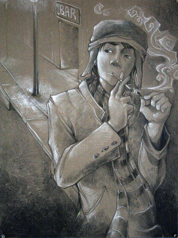 person smoking near a bar