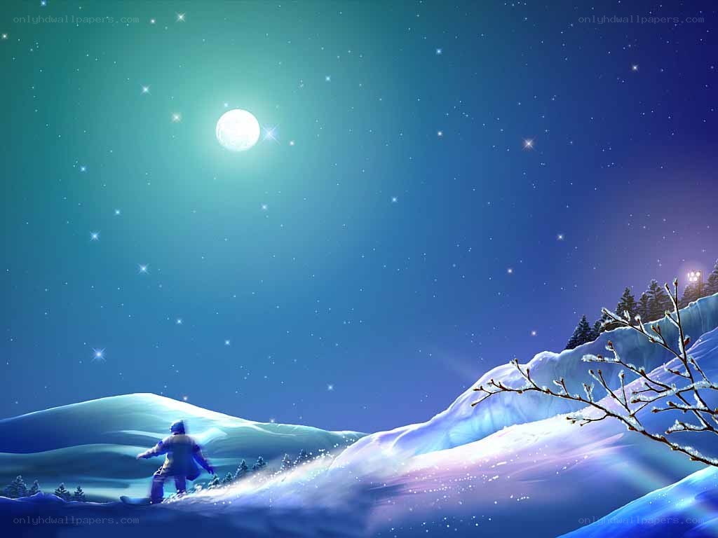 Person snowboarding under moonlight