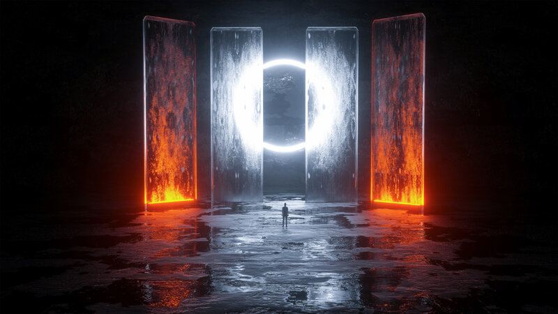 Person Standing Before Glowing Pillars