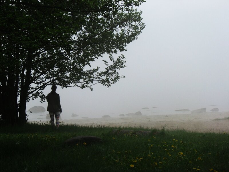 Person standing by a foggy shore